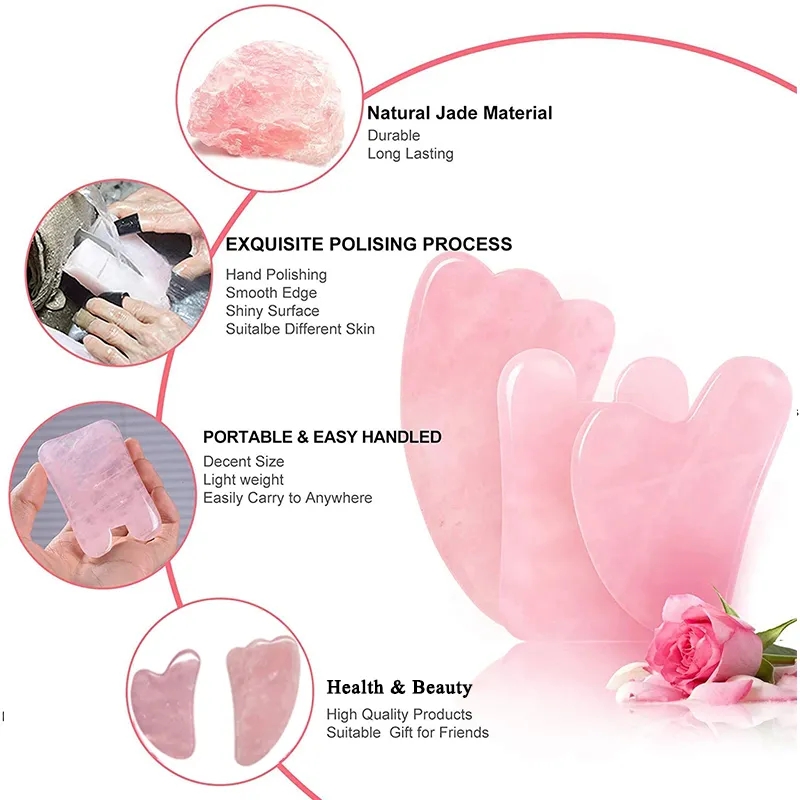 Jade Roller Gua Sha - Rose Quartz Gouache Scraper Face Massage