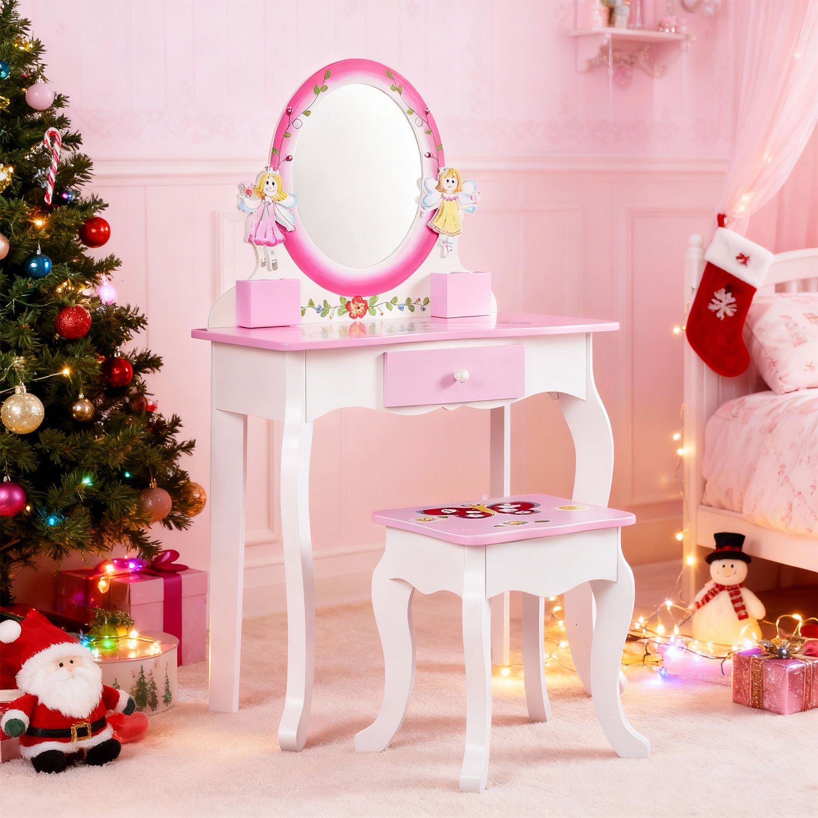 Beauty Makeup Kit For Kids - Kids Vanity Set Floral Printed Wooden
